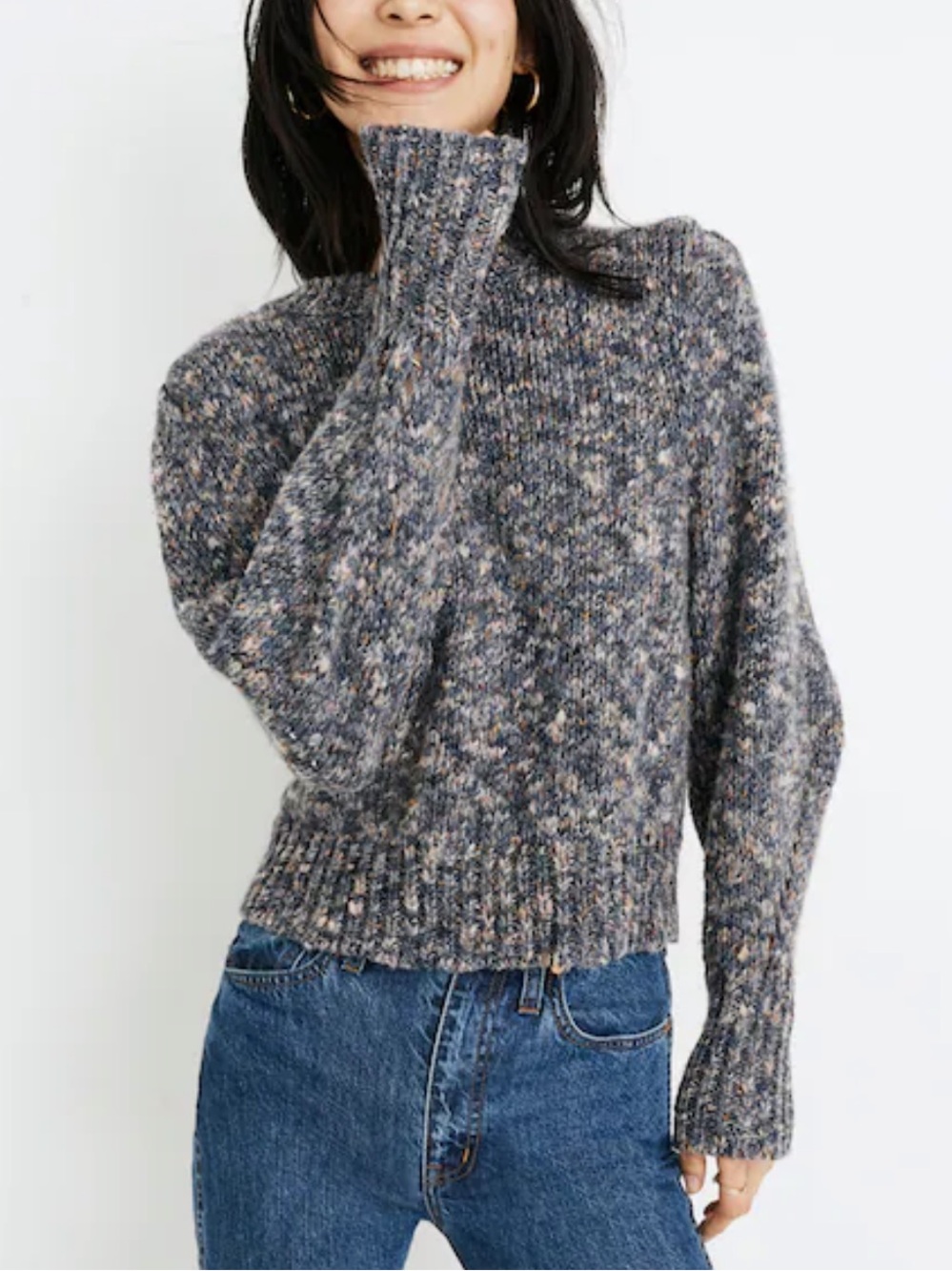 Madewell Pleat Shoulder Women’s Puff Sleeve Mock Neck Speckled Knit Sweater XS